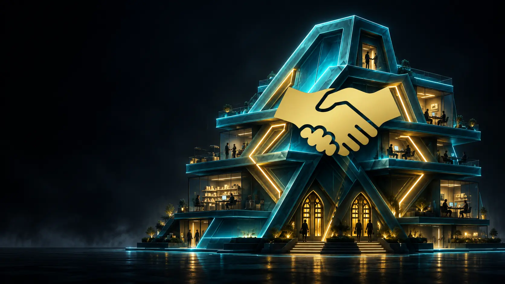 The teal Marketplace house with its gold handshake connecting people, products, and contracts